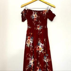 Burgundy Floral Print High Low Off the Shoulder Dress